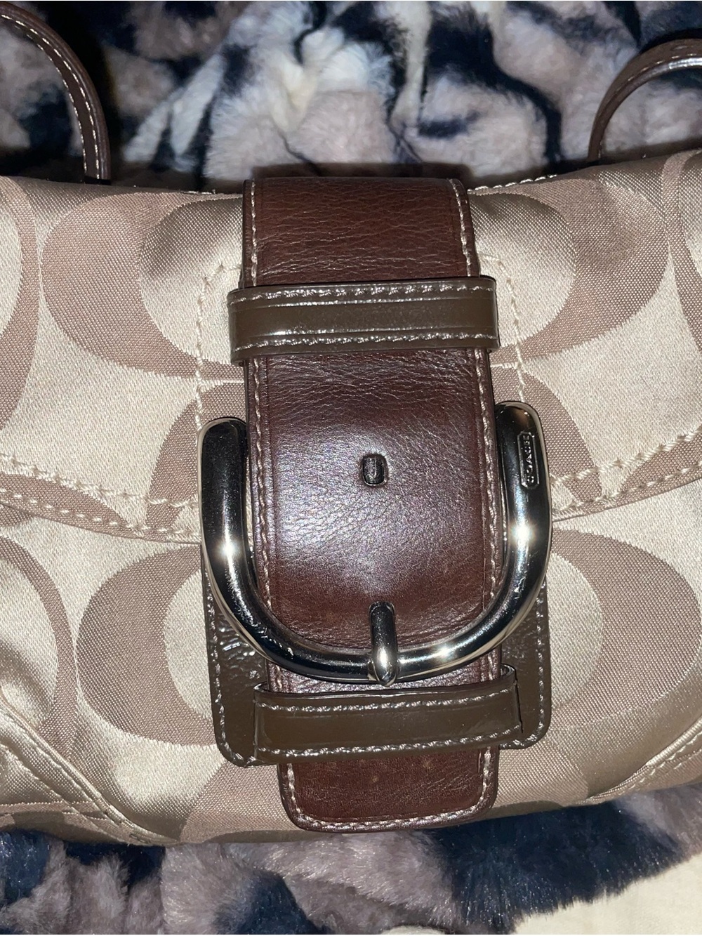 Coach Tan and Brown Signature Canvas Shoulder Bag with Buckle Detail